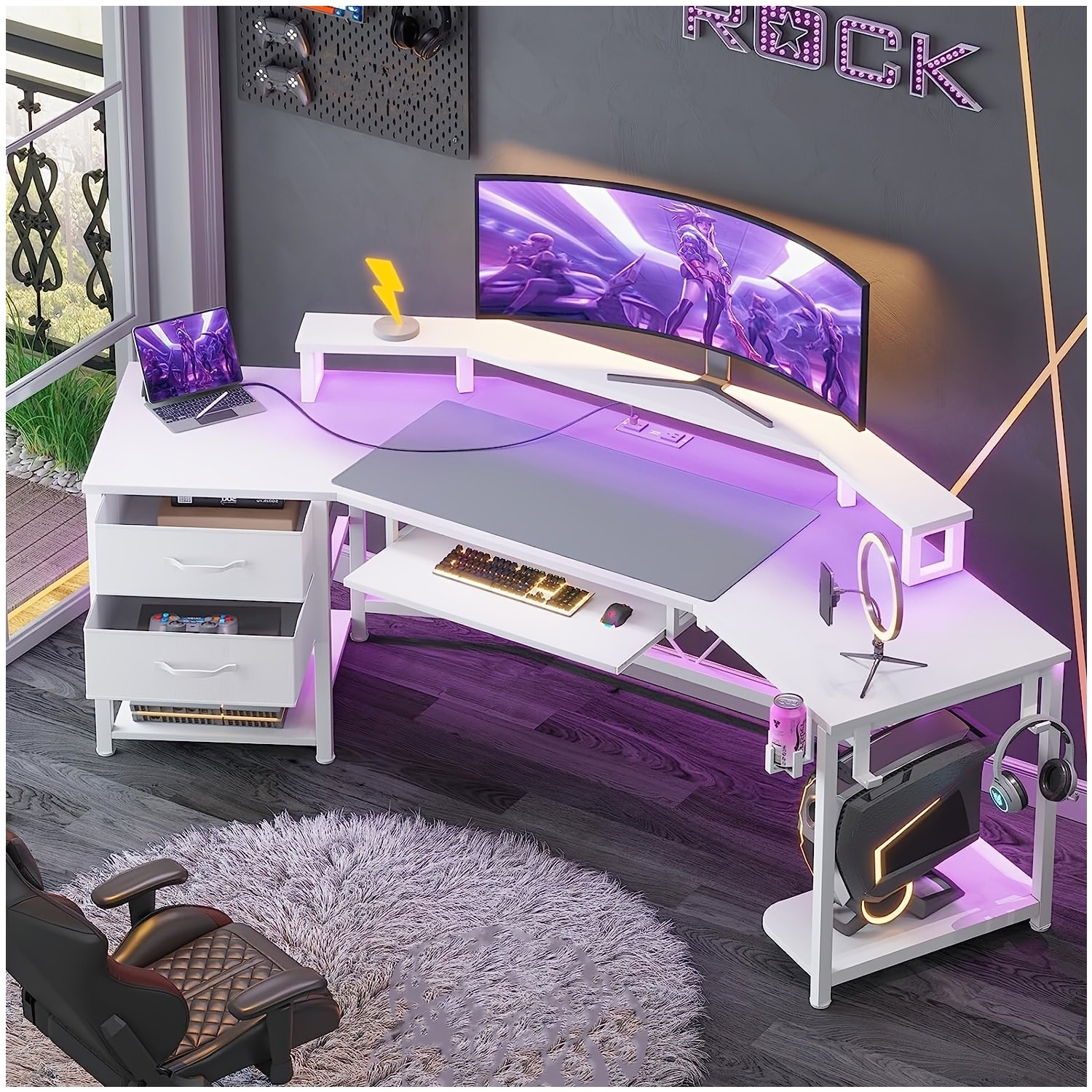 Desk Setup Headphone Stand - 79-inch Modern Gaming Desk with RGB