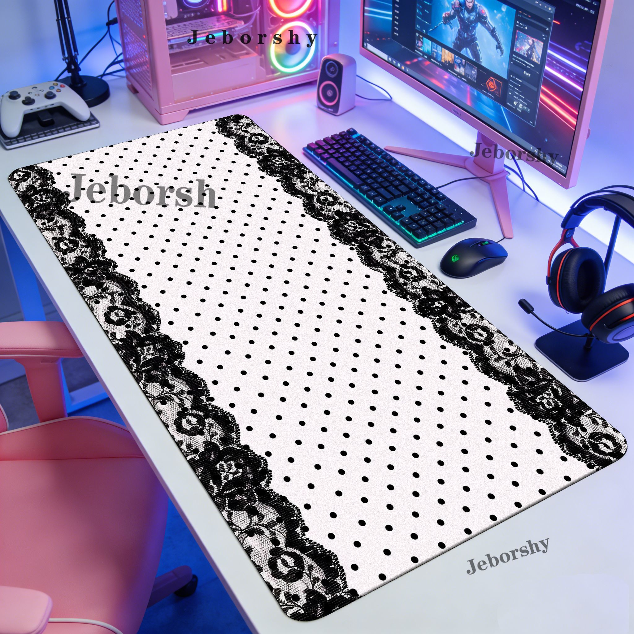 Pink Black Polka Dot Lace Larg – Desk Setup Pink Bewertung und Preis